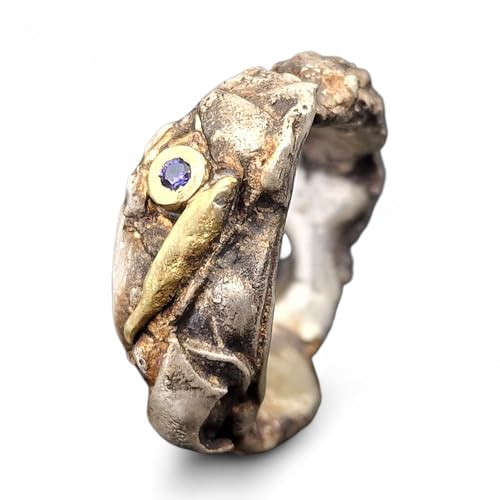 Grober massiver teilgeschwärzter 925er Silber Design Ring, Gr. 59-60 (19), mit Tansanit in 585er Gelbgold Fassung und Goldelementen, natürlich, außergewöhnlich, Unikat, Unisex, Handarbeit