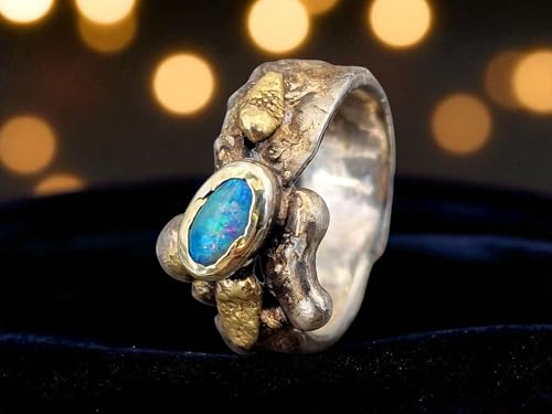 LeoLars-PABE Lightning Ridge Opal Design Ring, Gr.58 (18,5), aus 925er Silber mit 585er Gold Elementen, Roh, Stylisch, Anders, Individuell, Unikat, Handarbeit