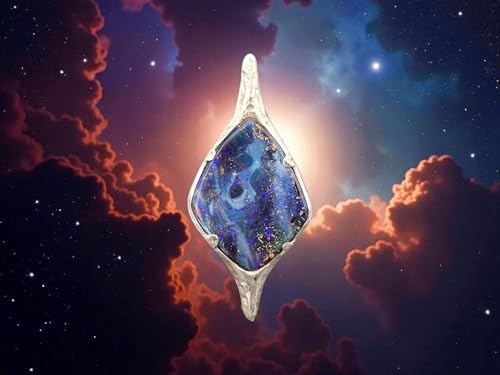 LeoLars-PABE Design Anhänger mit Boulder Opal aus 925er Silber, Picture Stone, Blick ins Universum mit schwarzem Loch, partielles buntes Opalfeuer, Unikat, Handarbeit, Unisex