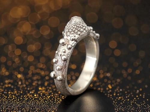 LeoLars-PABE Romanesco Design Ring, Gr. 55-56 (17,8), aus 925er Silber, abgeformt von echtem Romanesco, Ringschiene mit Kugeln und gebürstet, Vegetarier, Veganer, Unikat, Handarbeit