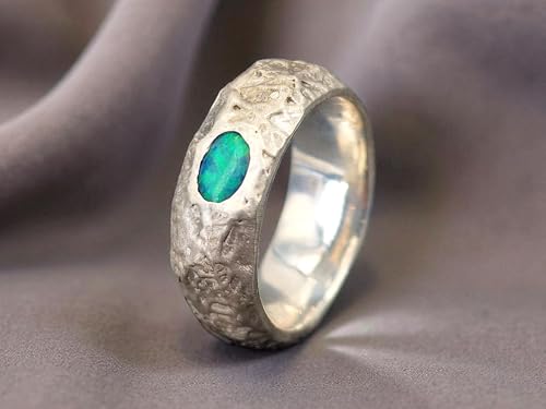 LeoLars-PABE Structure Design Lightning Ridge Opal Ring, Gr. 55-56 (17,7), aus 925er Silber, mit brilliantem grünen Opalfeuer, Ring mit angeschmolzener Oberflächen Struktur, Unikat, Handarbeit