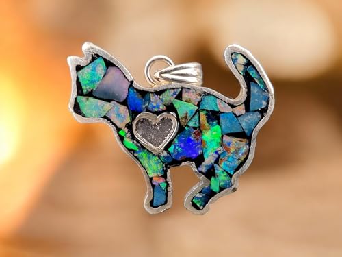 LeoLars-PABE Lightning Ridge Opalsplitter Katzen Anhänger aus 925er Silber, tolles Multicolor Opalfeuer, Opale in Kunststoff eingegossen, Katze, Katzen-Opalliebhaber, Herz, Unikat, Handarbeit, Unisex