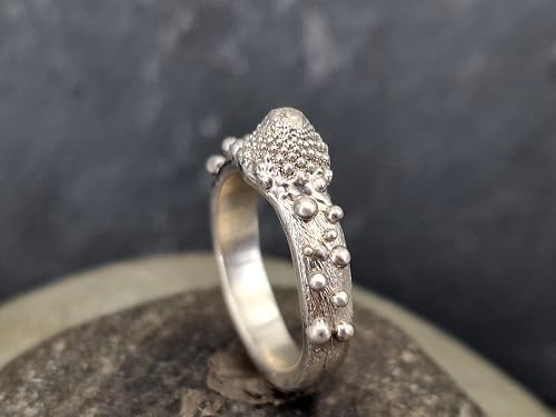 LeoLars-PABE Romanesco Design Ring, Gr. 55-56 (17,8), aus 925er Silber, abgeformt von echtem Romanesco, Ringschiene mit Kugeln und gebürstet, Vegetarier, Veganer, Unikat, Handarbeit