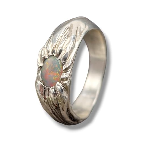 LeoLars-PABE Lightning Ridge Design Opal mit weißem Stein mit rotem und etwas orangem Feuer in einem massiven strukturierten Ring aus 925er Silber in Wurzeldesign, Größe 56 (18) Unikat, Handarbeit