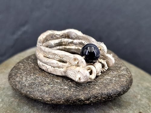 LeoLars-PABE Strandgut Design Ring mit Onyx Perle aus 925er Silber, Gr. 59 (18,7), organisch natürlich, mit beweglichen Strandgut Teilen, Unikat, Handarbeit