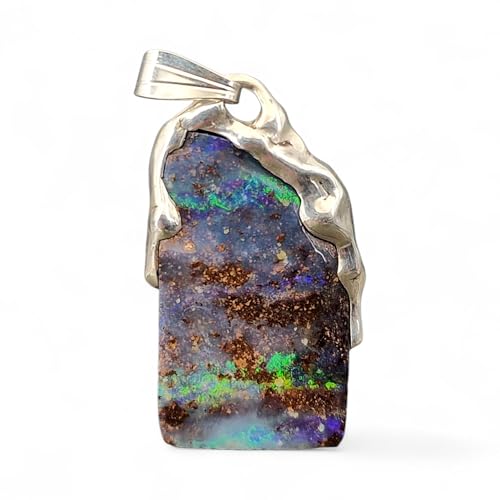 LeoLars-PABE Beidseitiger Boulder Opal Anhänger aus 925er Silber im Tropfen Design, Opal 1. Seite grün-blaues Opalfeuer, 2. Seite partielles Multicolor Opalfeuer, Unikat, Handarbeit, Unisex