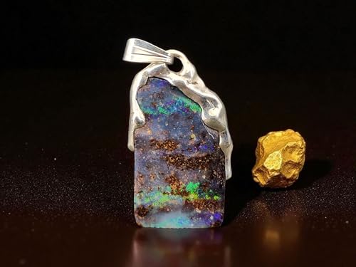 LeoLars-PABE Beidseitiger Boulder Opal Anhänger aus 925er Silber im Tropfen Design, Opal 1. Seite grün-blaues Opalfeuer, 2. Seite partielles Multicolor Opalfeuer, Unikat, Handarbeit, Unisex