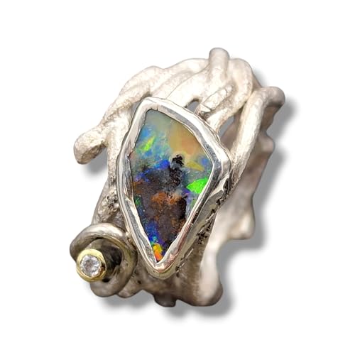 LeoLars-PABE Design Ring mit Bouder Opal in Zargenfassung aus 925er Silber mit Diamant in 585er Goldröhrenfassung in organisch verwurzeltem Design Größe 63 (20), Unisex, Unikat, Handarbeit