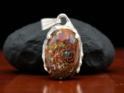 LeoLars-PABE Multicolor Boulder Opal Design Anhänger aus 925er Silber, organische Fassung, Opal Pinfire, aufgeriebene Krappenfassung, Nature Art, Unikat, Unisex, Handarbeit