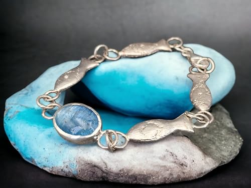 LeoLars-PABE Aquamarin Fisch Design Armband aus 925er Silber, dunkelblauer Aquamarin Cabochon, vier Sandguss Fische, 20cm lang, Unikat, Handarbeit