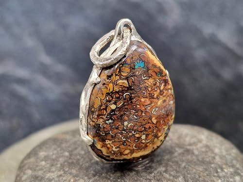 LeoLars-PABE Design Anhänger mit Boulder Opal aus 925er Silber mit herrlichem Muster und grünem Opalfeuer, Opal 25mm x 20mm, Unikat, Handarbeit