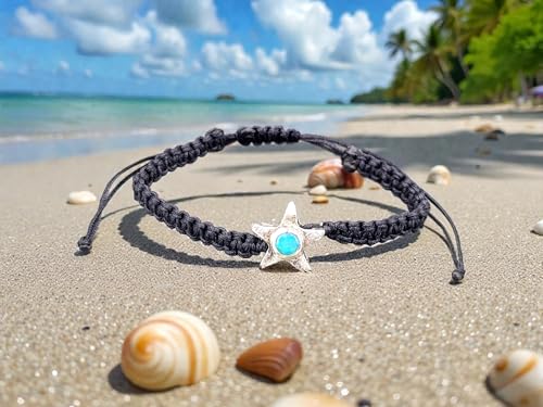 LeoLars-PABE schwarzes Seestern Makramee Design Armband, aus 925er Silber mit Lightning Ridge Opal mit grün-blauem Feuer, Unikat, Umfang 18-25cm, Unisex, Handarbeit