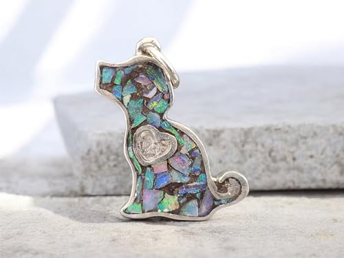 Lightning Ridge Opalsplitter Hunde Anhänger aus 925er Silber, Multicolor Opalfeuer, Opale in Kunststoff eingegossen, Hund, Welpe, Herz, Hunde und Opalliebhaber, Unikat, Unisex, Handarbeit