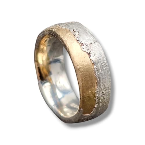 LeoLars-PABE Bicolor Sandguss Design Ring aus 925er Silber und 585er Gelbgold, angegossen, Sandguss Oberflächen Struktur, Unikat, Handarbeit, Ringgröße: 57 (18,5)