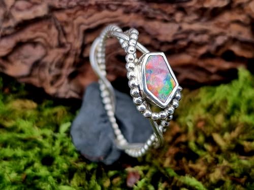 LeoLars-PABE Multicolor Lightning Ridge Opal Design Ring, Gr. 62 (19,7), aus 925er Silber, Perldrahtdesign, Opal in Zargenfassung, Unikat, Handarbeit