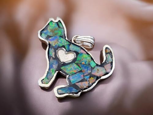 LeoLars-PABE Multicolor Opalsplitter (Lightning Ridge), Katzen Design Anhänger aus 925er Silber, Opale in Kunststoff eingegossen, Katze, Katzen und Opalliebhaber, bunt, Handarbeit, Unikat, Unisex