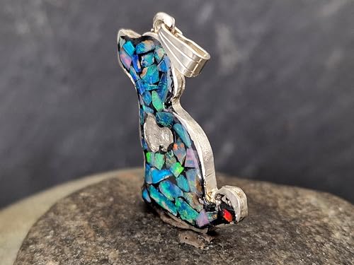 LeoLars-PABE Multicolor Lightning Ridge Opalsplitter Hunde Design Anhänger aus 925er Silber, Opale in Kunststoff eingegossen, Hunde Welpe, Herz, Hundeliebhaber, Unikat, Handarbeit, Unisex