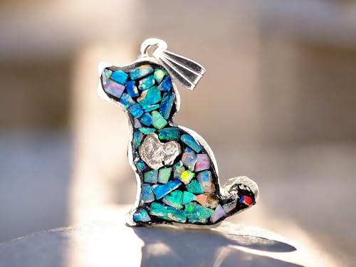 LeoLars-PABE Multicolor Lightning Ridge Opalsplitter Hunde Design Anhänger aus 925er Silber, Opale in Kunststoff eingegossen, Hunde Welpe, Herz, Hundeliebhaber, Unikat, Handarbeit, Unisex