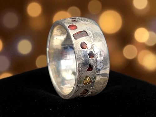 LeoLars-PABE Design Sandguss Chaos Ring, Gr.60 (19,2), aus 925er Silber mit echten eingegossenen Edelsteinen, Unikat, Handarbeit, Nr. 156