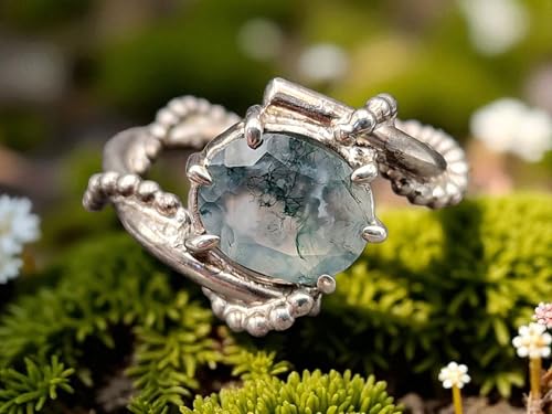 LeoLars-PABE Design Moosachat Ring, Gr.52 (16,7) aus 925er Silber, tolles Innenleben im Stein, facettiert, oval, Nr. 0105, Unikat, Handarbeit