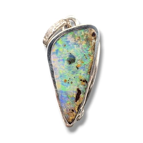 LeoLars-PABE Multicolor Boulder Opal Anhänger aus 925er Silber mit verzierter Zargenfassung und handgefertigter verzierter Öse, Unisex, Unikat, Handarbeit