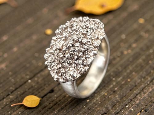 LeoLars-PABE Broccoli Design Ring aus 925er Silber, Gr. 60 (19,2), Ringschiene seidenmatt, massiv, abgeformt von echtem Broccoli, Vegetarier, Veganer, Unikat, Handarbeit, Unisex