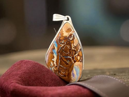LeoLars-PABE Boulder Opal Anhänger aus 925er Silber mit tollem Muster und partiellem grün-blauem Opalfeuer, Unikat, Handarbeit, Unisex