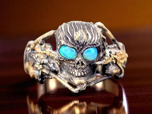 Kunstvoller hochwertiger Biker-Skull Ring in Bicolor mit 2 Lightning Ridge Opalen in grün-blau, Gr.59 (19), aus 925er Silber geschwärzt und Feingold Elementen, Kunstwerk, Totenschädel, Schädel, Unikat