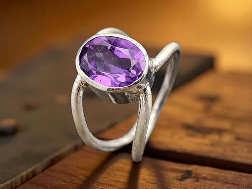 LeoLars-PABE Amethyst Design Ring aus 925er Silber, Gr.60 (19,3), lila oval facettierter Amethyst in Zargenfassung, doppelte Ringschiene, Unikat, Handarbeit