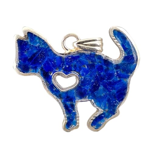 LeoLars-PABE Hauyn Design Katzen Anhänger aus 925er Silber, Steine in Kunststoff eingegossen, tolles blau, unter UV-Licht orange leuchtend, Katze, Katzenliebhaber, Unikat, Handarbeit, Unisex
