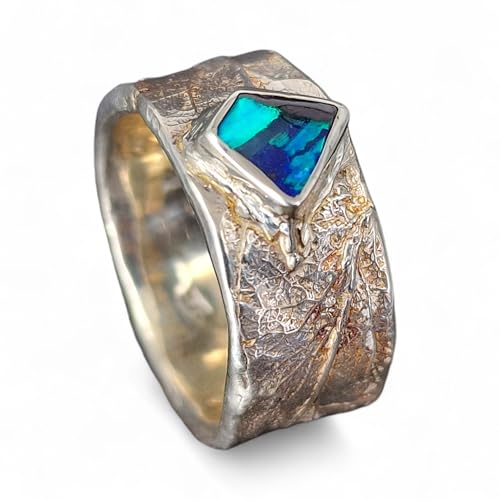 LeoLars-PABE Dark Boulder Opal Ring im 420er Kräuter Design aus 925er Silber, Gr. 61 (19,5) Opalfeuer in brilliantem grün-hellblau, Unikat, Handarbeit, Unisex