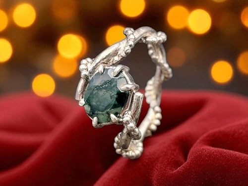 LeoLars-PABE Moosachat Design Ring aus 925er Silber verspielt verschnörkelt, schönes Innenleben, facettiert, oval, Gr. 60 (19,3), Unikat, Handarbeit, Nr. 0104