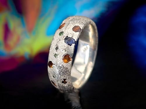 LeoLars-PABE Sandguss Chaos Design Ring, Gr. 61 (19,5), aus 925er Silber, Sandguss typische Oberfläche, eingegossene orange, blaue und grüne Saphire, Nr. 159, Unikat, Handarbeit