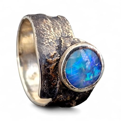 herrlicher Lightning Ridge Opal Design Ring, Gr. 64 (20,5), aus 925er Silber, teilgeschwärzt mit dezenten Goldakzenten, blaugrünes Farbspiel mit Gipsnadeln im Stein, Unikat, Handarbeit, Unisex