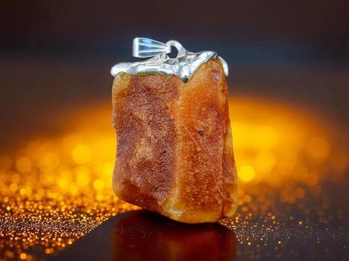 LeoLars-PABE Natürlicher Nordsee Bernstein Design Anhänger aus 925er Silber, Stein unbearbeitet, Opak, gelb-orange-braun, 37,5mm x 26mm, Unikat, Unisex, Handarbeit