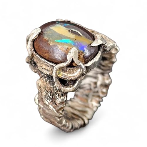 LeoLars-PABE Spannender Boulder Opal Design Ring, Gr. 57-58, (18,4) aus 925er Silber teilgeschwärzt, tolles Ring Design, grünes Opalfeuer aus Adern, Unikat, Handarbeit