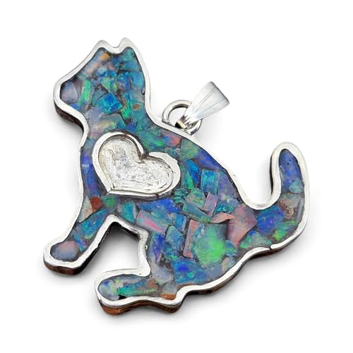 Lightning Ridge Opalsplitter Katzen Anhänger aus 925er Silber, Opale in Kunststoff eingegossen, feines Multicolor, Opalfeuer, Katze, Katzen-und Opalliebhaber, bunt, Unikat, Unisex, Handarbeit