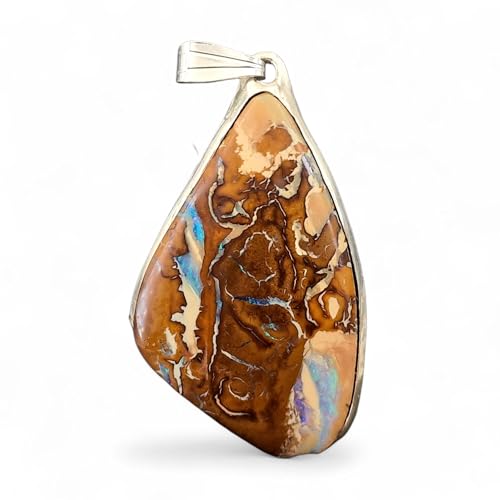 LeoLars-PABE Boulder Opal Anhänger aus 925er Silber mit tollem Muster und partiellem grün-blauem Opalfeuer, Unikat, Handarbeit, Unisex