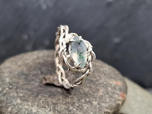LeoLars-PABE Verspielter Moosachat Design Ring aus 925er Silber, Gr. 57 (18,3),Moosachat mit schönem Innenleben als Navette facettiert, Nr.0103, Unikat, Handarbeit