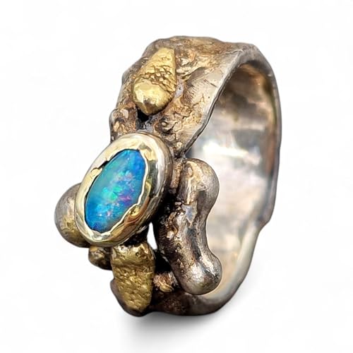 LeoLars-PABE Lightning Ridge Opal Design Ring, Gr.58 (18,5), aus 925er Silber mit 585er Gold Elementen, Roh, Stylisch, Anders, Individuell, Unikat, Handarbeit