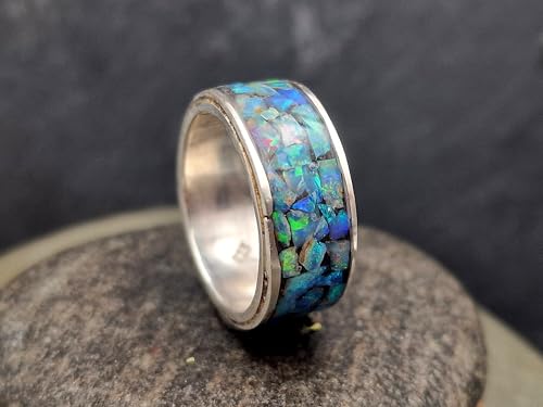 LeoLars-PABE Lightning Ridge Opal Mosaik Design Ring, Gr.57-58 (18,3), aus 925er Silber, Opalsplitter intensiv Multicolor, Unikat, Handarbeit