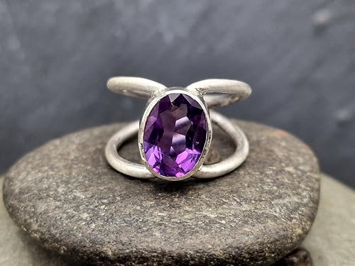 LeoLars-PABE Amethyst Design Ring aus 925er Silber, Gr.60 (19,3), lila oval facettierter Amethyst in Zargenfassung, doppelte Ringschiene, Unikat, Handarbeit