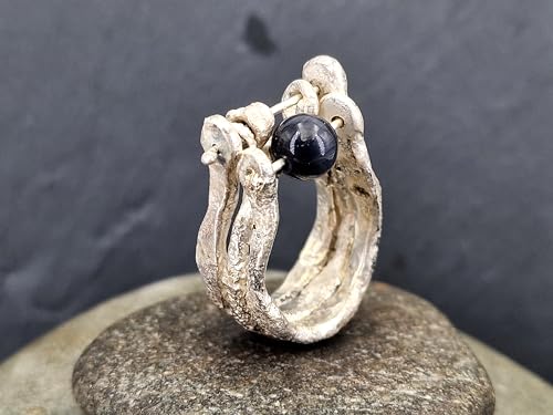 LeoLars-PABE Strandgut Design Ring mit Onyx Perle aus 925er Silber, Gr. 59 (18,7), organisch natürlich, mit beweglichen Strandgut Teilen, Unikat, Handarbeit