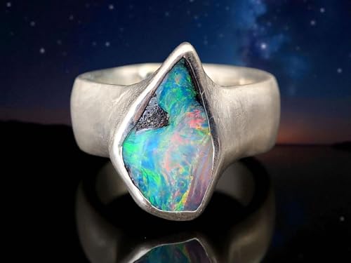 LeoLars-PABE Boulder Opal Design Ring aus 925er Silber, mit brillianter Multicolor Chrystal Opalschicht und Opalfeuer, Seidenmatt, Unikat, Handarbeit, Gr. 54 (17,2)
