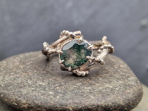 LeoLars-PABE Moosachat Design Ring verspielt, Gr. 56 (18), Nr. 0107, aus 925er Silber, verschnörkelt, oval facettiert mit wundervollem Innenleben, Unikat, Handarbeit