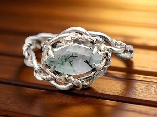 LeoLars-PABE Verspielter Moosachat Design Ring aus 925er Silber, Gr. 57 (18,3),Moosachat mit schönem Innenleben als Navette facettiert, Nr.0103, Unikat, Handarbeit