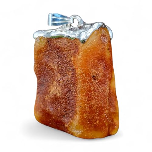 LeoLars-PABE Natürlicher Nordsee Bernstein Design Anhänger aus 925er Silber, Stein unbearbeitet, Opak, gelb-orange-braun, 37,5mm x 26mm, Unikat, Unisex, Handarbeit