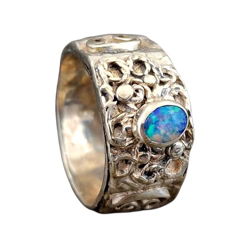 LeoLars-PABE Lightning Ridge Opal Design Ring, Gr.58-59 (18,5), aus 925er Silber, Ring verspielt, verschnörkelt, Opal mit grünem und blauem Opalfeuer, Unikat, Handarbeit