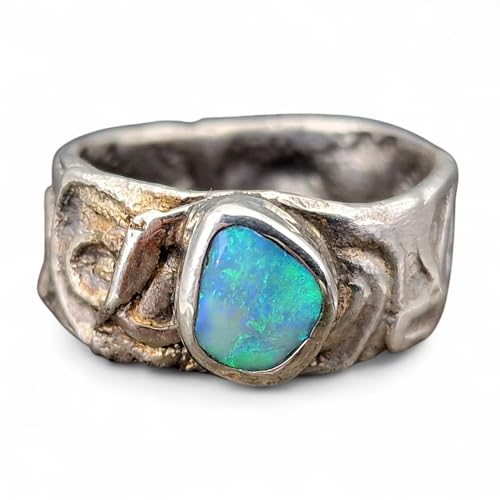 LeoLars-PABE Design Ring aus 925er Silber mit Lightning Ridge Opal, Gr. 60-61 (19,3), Opalfeuer in tollem grün und blau, rustikal, verspielt, Unikat, Handarbeit