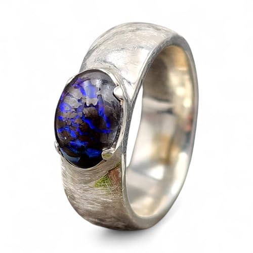 LeoLars-PABE Boulder Matrix Opal Design Ring, Unisex, Gr.66 (21), aus 925er Silber, eismattiert, Opal mit Opaladern mit dunkelblauem Opalfeuer, Unikat, Handarbeit